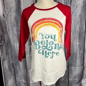 Rachel Hollis baseball style 3/4 sleeve tee shirt top NEW rainbow belong Small